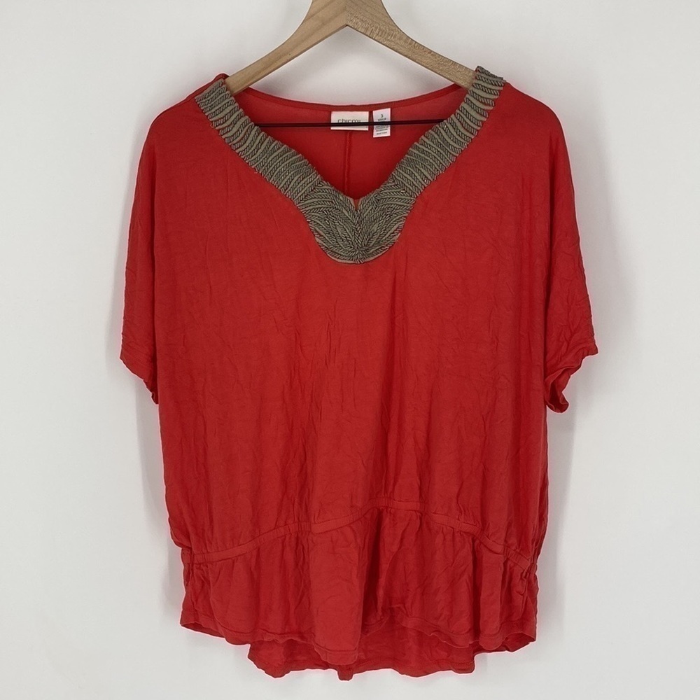 Chicos Peasant Embellished Neck Beaded Top